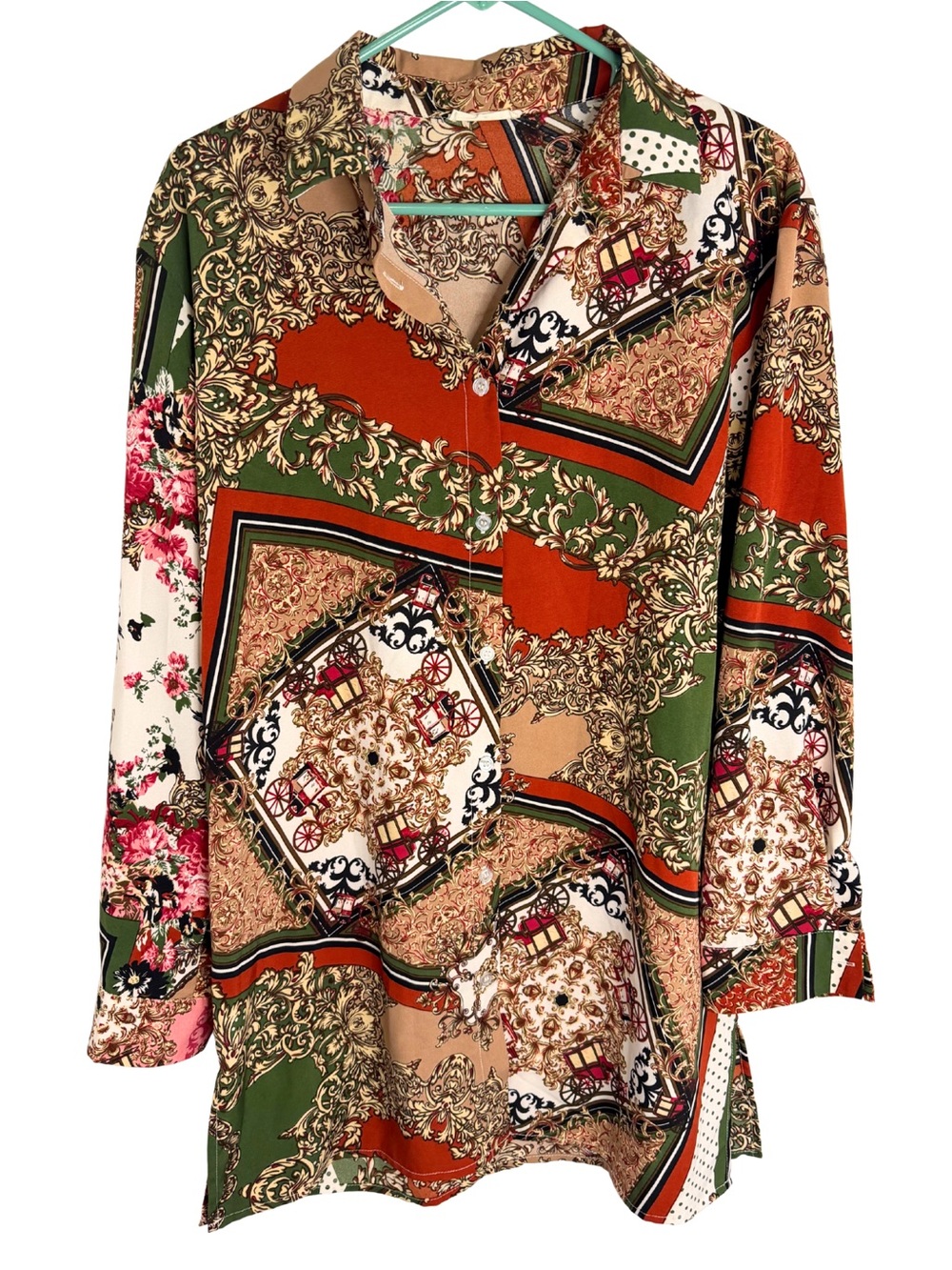 Sundayup Long Sleeve Button Down Mini Dress - Carriage, Floral, Geometric